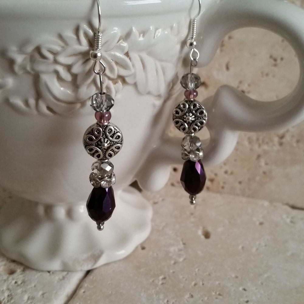 Purple & Silver Tear Drop Earrings NWOT